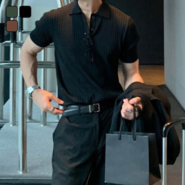 여름 남자 심플 골지 솔리드 카라넥 반팔 티셔츠 DMS-KAH-SBM003