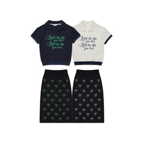 MET summer knit ribbon printing t-shirt&skirt set