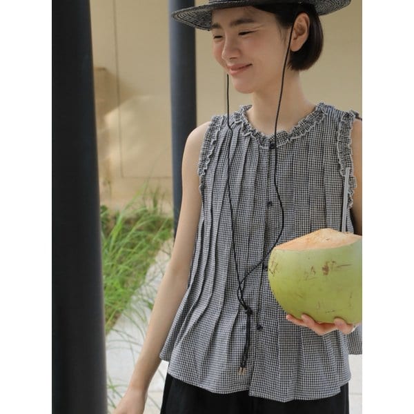 Bonnie Frill Linen Sleeveless Blouse_Check