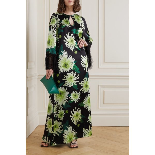 앤드류 지엔 Cutout Fringed Floral-print Silk-satin Gown 블랙 36594538430031921