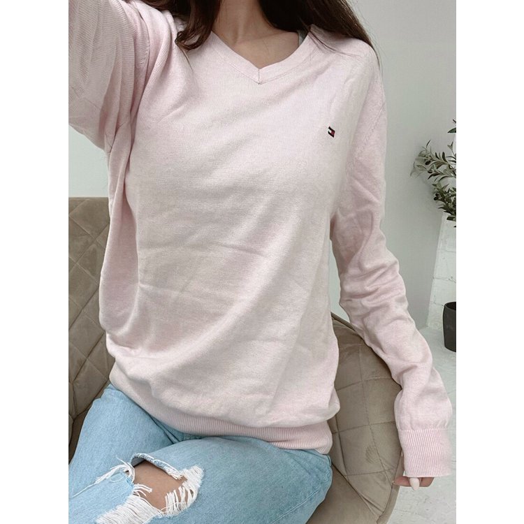 타미힐피거 23SS 신상 시그니처 솔리드 브이넥 남녀공용 긴팔