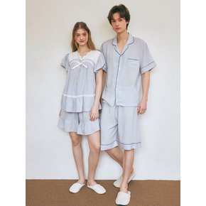커플 오로라 텐셀 브이넥 반소매 투피스 잠옷