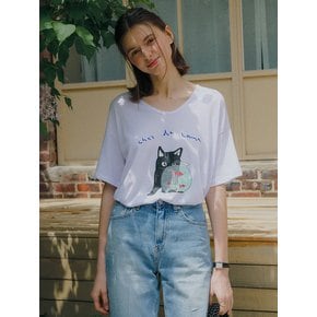 CAT PRINTED SILK T-SHIRT [IVORY]