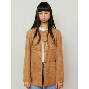 Round No Collar Suede Half Jacket - Carmel