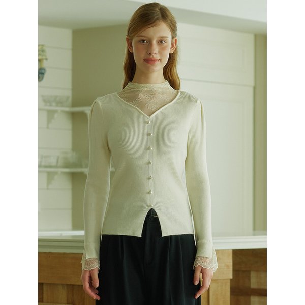 레이스 배색 앞단추 골지 풀오버 (TJUCX7956)