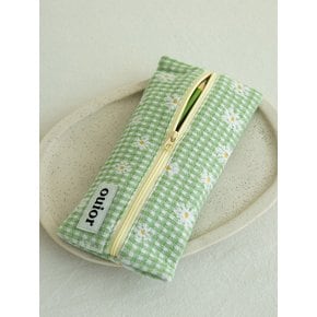 flat pencil case - check flower green (middle zipper)