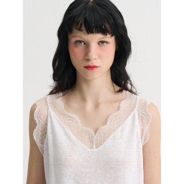 Lace Pure Linen Sleeveless T-shirt_White