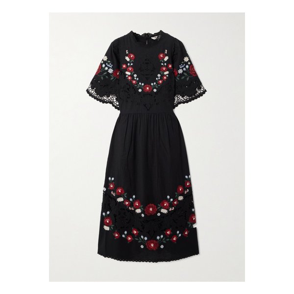 로잘린 자수 브로드리 앙글레즈 코튼 리넨 혼방 미디 드레스 블랙 46376663162914864