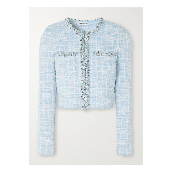 장식 체크 부클레 트위드 가디건 블루 1647597358037038