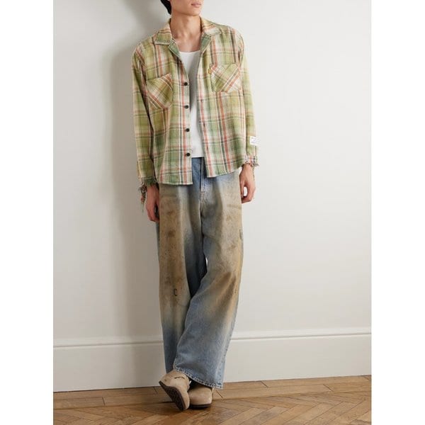 마블리 로고 아플리케 디스트레스드 체크 플란넬 셔츠 46376663162903274