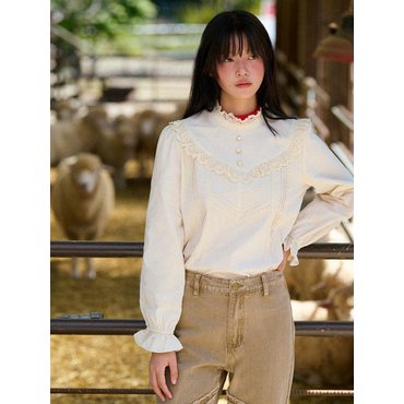 바이탈싸인 High-Neck Lace-Frill Blouse (Beige)