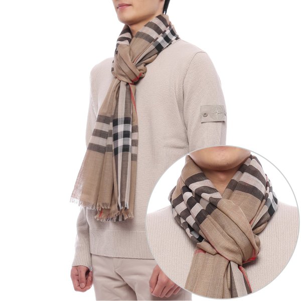 [부산점] 25FW 남성 체크 울 실크 머플러 (8078779 ARCHIVE BEIGE M 25F)