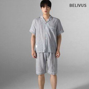 남자 남성 냉감 스트라이프 반팔 반바지 파자마 세트 BMJT003