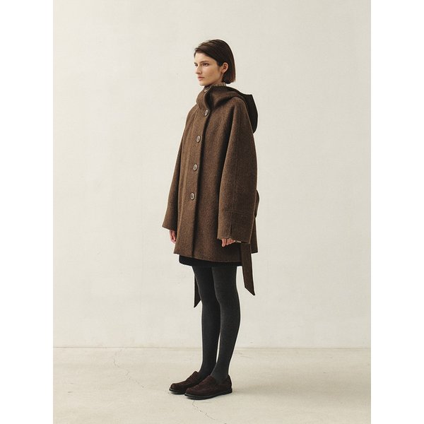 RTF CASHMERE SILK HOODED HALF COAT [HAND MADE]_BROWN