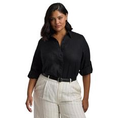 우먼 Lauren Ralph Lauren Plus-Size 린넨 롤 TabSleeve 셔츠 - 폴로 블랙 8670919