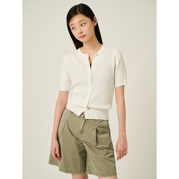 [Essential] 코튼 케이블 반소매 라운드 카디건  화이트 (BF575AE011)