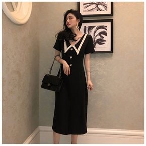 투웨이 리본 칼라넥 페미닌 슬림 쉬폰 플레어 롱 셔츠 원피스
