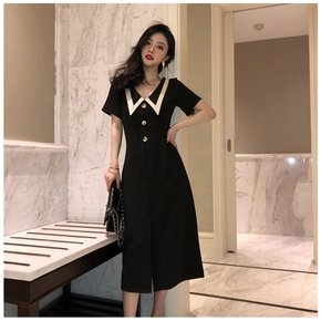 투웨이 리본 칼라넥 페미닌 슬림 쉬폰 플레어 롱 셔츠 원피스