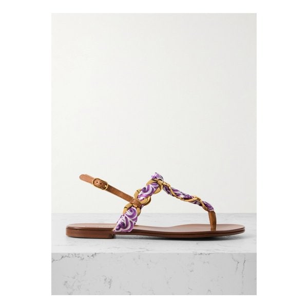 가죽 트리밍 체인 장식 프린트 새틴 트윌 샌들 퍼플 46376663162868014