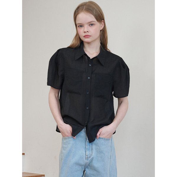 Organza Puff Sleeve Pocket Blouse_Black