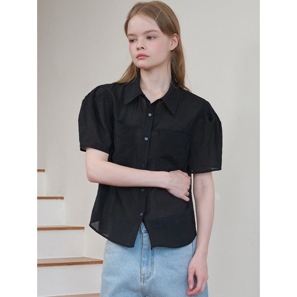 Organza Puff Sleeve Pocket Blouse_Black