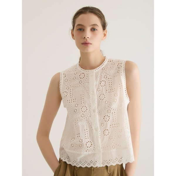 FLORAL EYELET LACE SLEEVELESS BLOUSE - WHITE