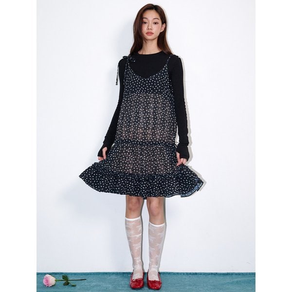 Frill shirring dot mini dress Black
