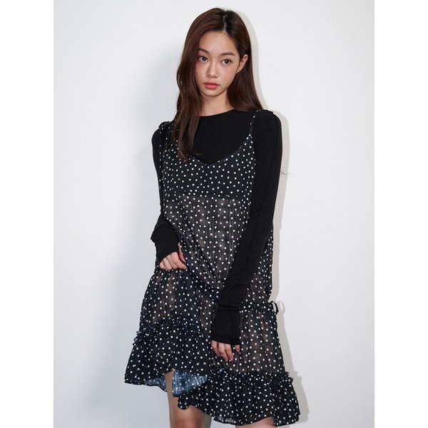 Frill shirring dot mini dress Black