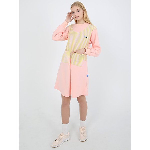 스트라이프 포켓 원피스 핑크