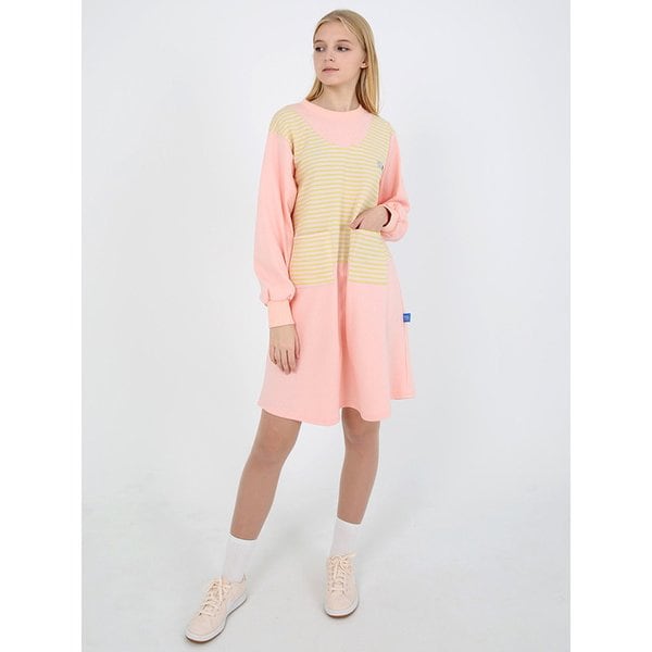 스트라이프 포켓 원피스 핑크