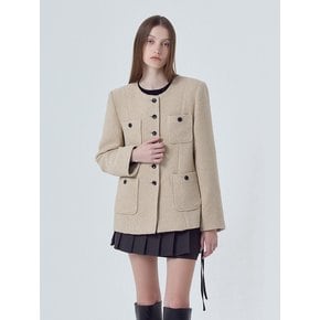 Pocket Boucle Tweed Jacket, Beige