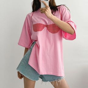 박시핏 스윔 프린트 반팔 라운드 롱 티셔츠 캐주얼 핑크 화이트 옆슬릿 면티_P420977621
