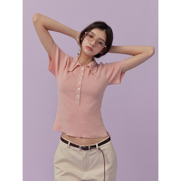 에틴 버튼 카라 반팔 니트