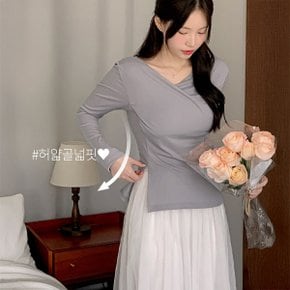 [투웨이무드/보정티] 소이니 브이넥 트임 랩 블라우스 티셔츠 P000CPPM