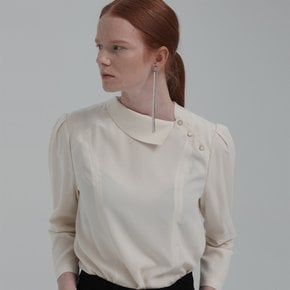 ASYMMETRIC COLLAR PUFF SLEEVE BLOUSE (CREAM)