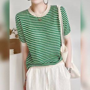 로베나 펀칭 스트라이프 반팔 니트_P364985822