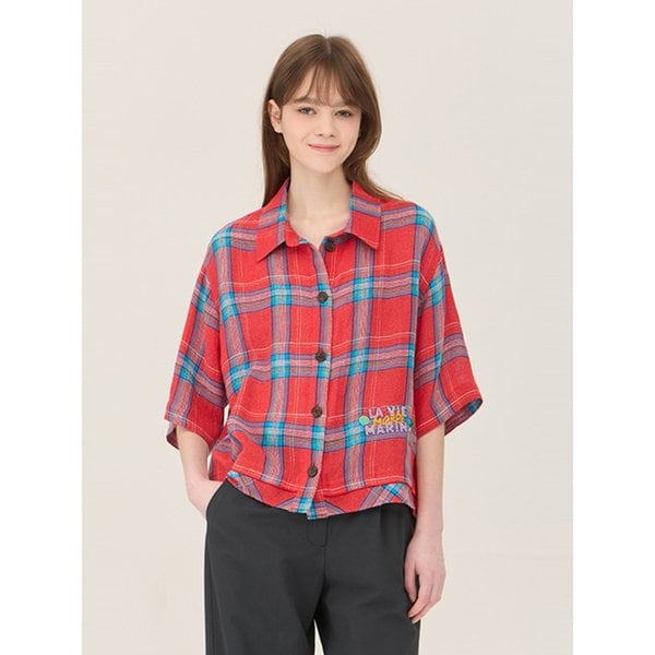 타탄 체크 자수 블라우스_BABL62531RD