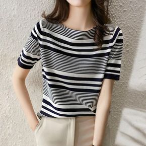 라벨리 스트라이프 반팔 니트_P362065853