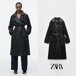 ZARA 자라 블랙 벨트 페이크 레더 트렌치 3046 072