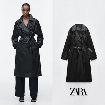  ZARA 자라 블랙 벨트 페이크 레더 트렌치 3046 072