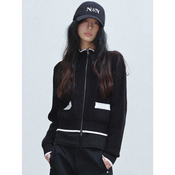 JAQUARD ZIP UP KNIT CARDIGAN_BLACK