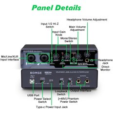 BOMGE USB (24  192 kHz), XLR, PC 오디오 인터페이스 비트 팬텀 전원, 직접 모니터링, 녹음,