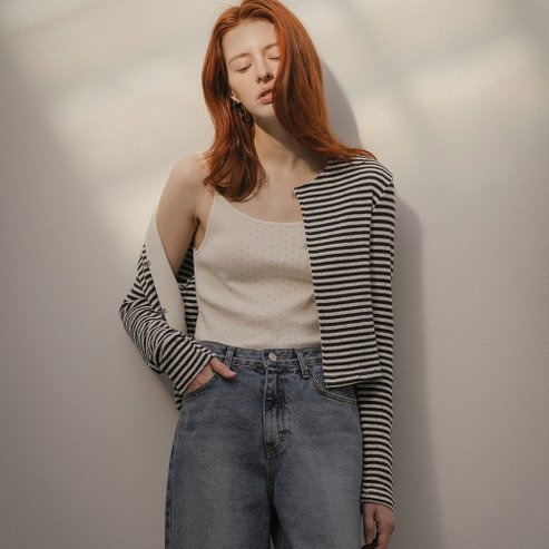 노운베러 Stripe eyelet cardigan set_Navy