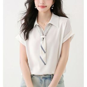 스카프넥 롤업반팔소매 셔츠블라우스 94F874_P393568715