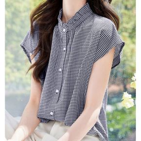 러플넥 체크 캡소매 블라우스 8414C2_P422779558
