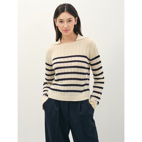 collar striped knit top_navy