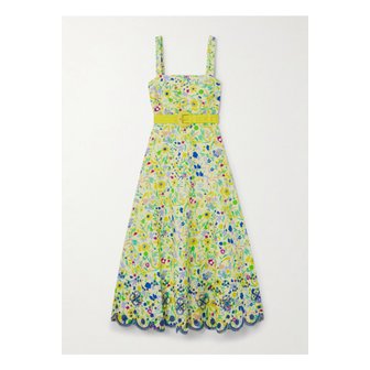 Saloni 살로니 오브리 B 벨티드 플로럴 프린트 브로드리 앙글레즈 코튼 미디 원피스 1647597333738047