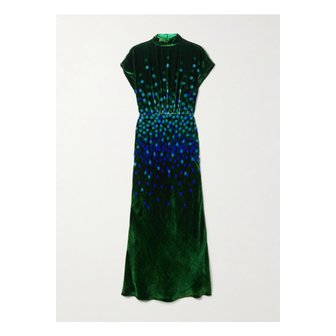 Saloni 살로니 파비엔느 개더 프린트 벨벳 미디 드레스 그린 46376663162908479