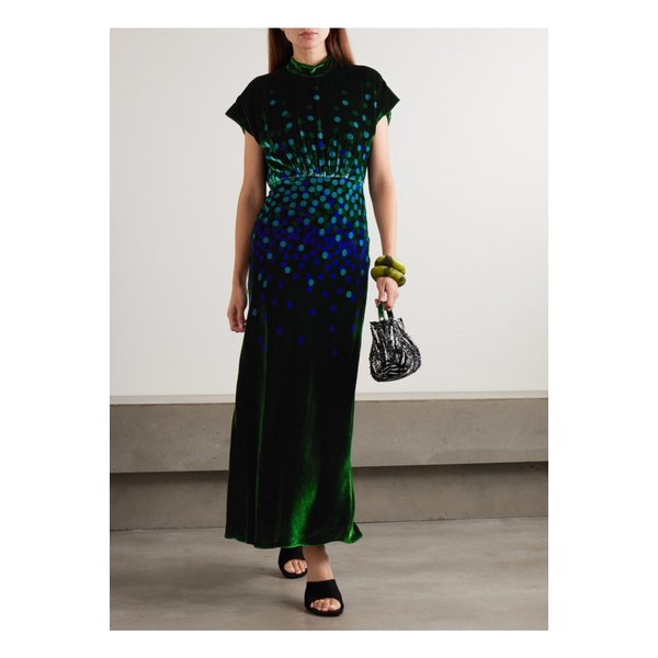 살로니 파비엔느 개더 프린트 벨벳 미디 드레스 그린 46376663162908479