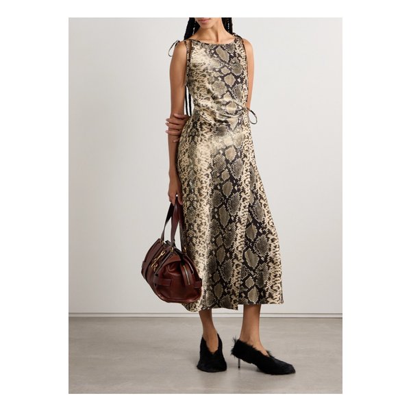 랩 효과 드레이프 스네이크 프린트 해머드 새틴 미디 원피스 1647597355986507